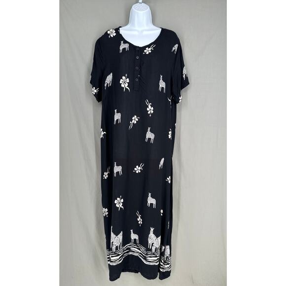 Vintage Dresses & Skirts - 90s Vintage Dress Women XL Black Maxi Zebra Artsy Lightweight Summer Dark Floral
